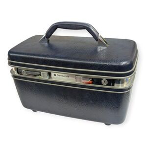 Vintage Samsonite Profile II Navy Blue Makeup Train Case with Mirror and Tray